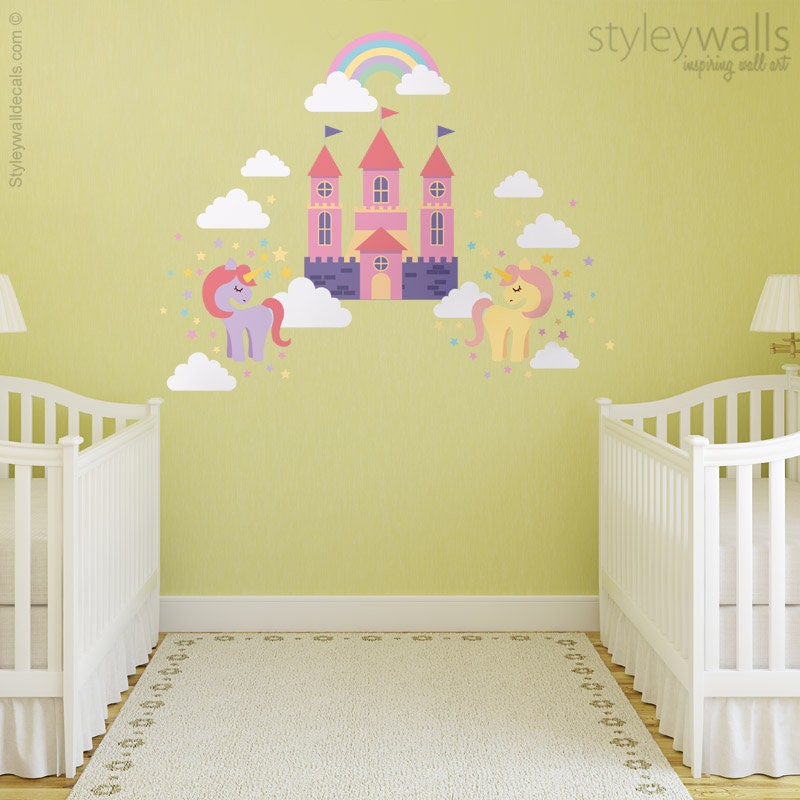 Unicorn Wall Decal, Pony Wall Decal, Fairy Tales Wall Decal, Castle Wall Decal, Rainbow Stars and Clouds Girls Nursery Room Decor Wall Art