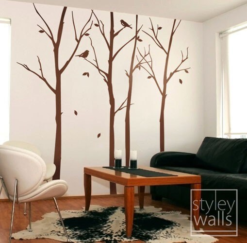 Forest Winter Trees and Birds Wall Decal, Thin Winter trees wall decal, Forest Nature Home Decor, Winter Trees for Baby Kids Room Decor