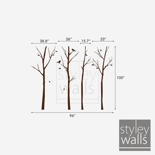 Forest Winter Trees and Birds Wall Decal, Thin Winter trees wall decal, Forest Nature Home Decor, Winter Trees for Baby Kids Room Decor