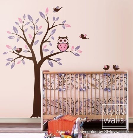 Owl Tree Decal Wall Decal for Nursery Decor, Tree with Owl and Birds Wall Decal Kids Nursery Baby Room Decal, Owls Tree Sticker Room Decor