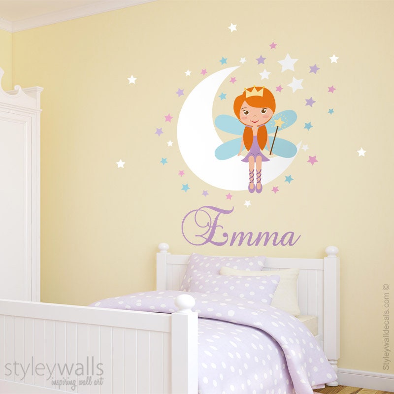 Fairy Wall Decal, Moon Wall Decal Sticker, Princess Fairy Wall Decal Decor, Stars Wall Decal, Personalized Girls Nursery Room Decor Wall Art