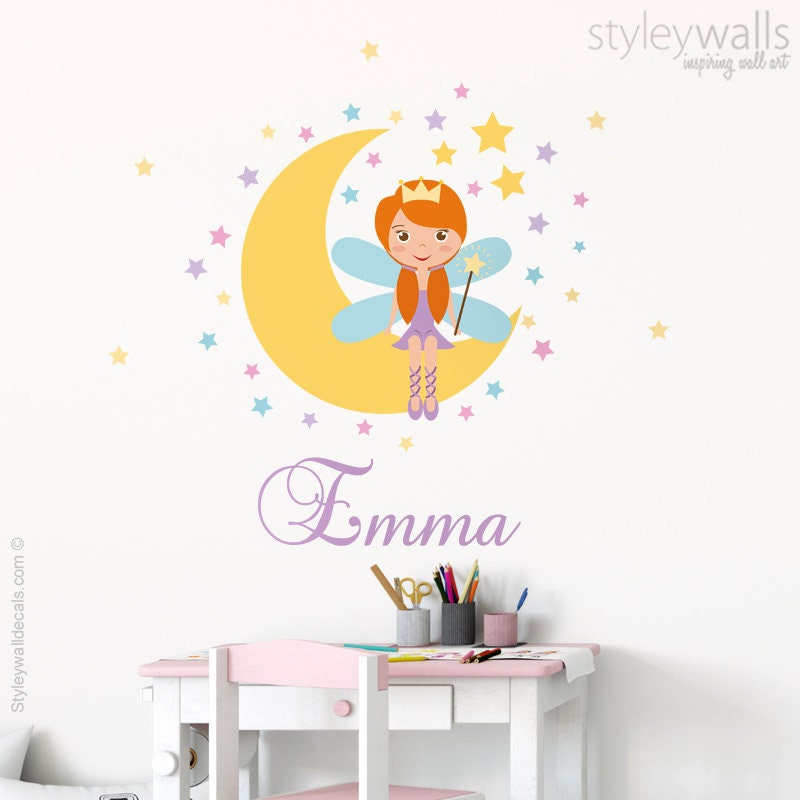 Fairy Wall Decal, Moon Wall Decal Sticker, Princess Fairy Wall Decal Decor, Stars Wall Decal, Personalized Girls Nursery Room Decor Wall Art