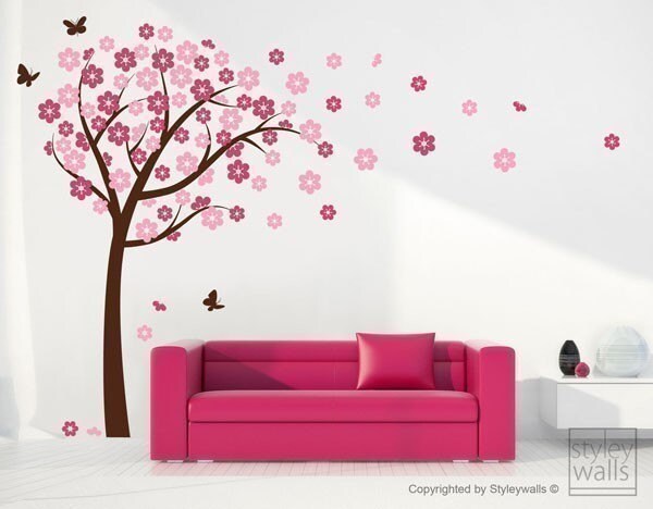 Cherry Blossom Wall decal, Blooming Cherry Tree and Butterflies Wall Decal Sticker, Cherry Blossom Flowers Tree Wall Decal for Kids Nursery