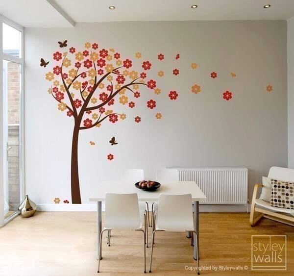 Cherry Blossom Wall decal, Blooming Cherry Tree Wall Sticker, Butterflies Flower Tree Vinyl Wall Decal Kids Nursery, Cherry Tree Sticker
