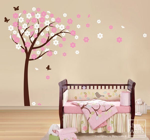 Cherry Blossom Wall decal, Blooming Cherry Tree Wall Sticker, Butterflies Flower Tree Vinyl Wall Decal Kids Nursery, Cherry Tree Sticker