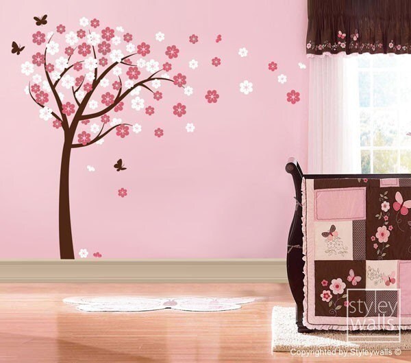 Cherry Blossom Wall decal, Blooming Cherry Tree Wall Sticker, Butterflies Flower Tree Vinyl Wall Decal Kids Nursery, Cherry Tree Sticker