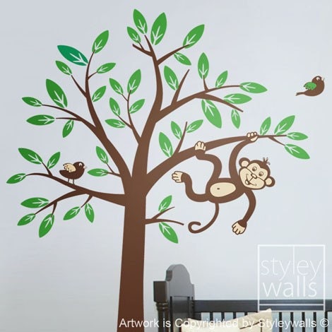 Autocollant mural arbre singe 2 singes se balançant d'un arbre et d'une branche avec des oiseaux - Décoration de chambre d'enfant autocollant bébé autocollant mural en vinyle