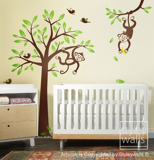 Autocollant mural arbre singe 2 singes se balançant d'un arbre et d'une branche avec des oiseaux - Décoration de chambre d'enfant autocollant bébé autocollant mural en vinyle