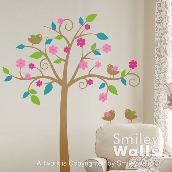 Birds Tree Wall Decal Whimsical Flower Tree with Love Birds Wall Decal Nursery Wall Decal Children Wall Decal Baby Room Tree Sticker