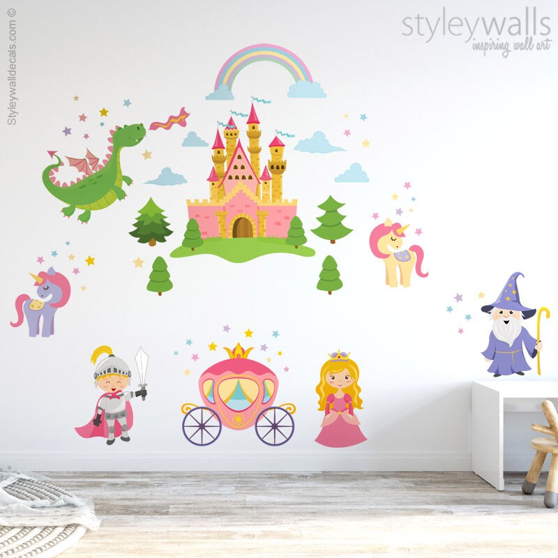 Princess Wall Decal, Fairy Tales Wall Decal, Prince Knight Castle Wall Decal, Dragon Wall Decal, Carriage Girls Nursery Room Decor Wall Art