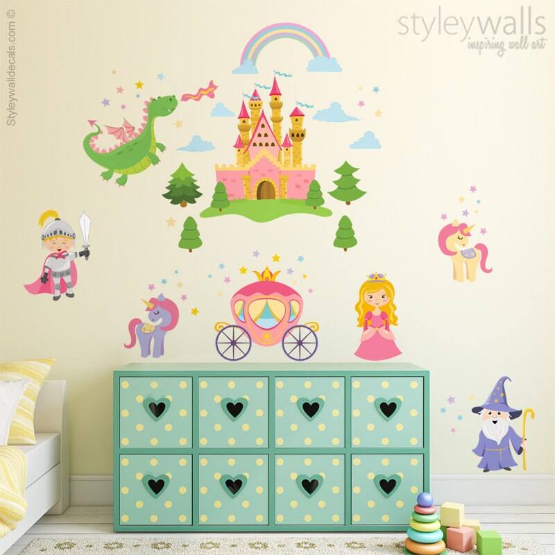Princess Wall Decal, Fairy Tales Wall Decal, Prince Knight Castle Wall Decal, Dragon Wall Decal, Carriage Girls Nursery Room Decor Wall Art