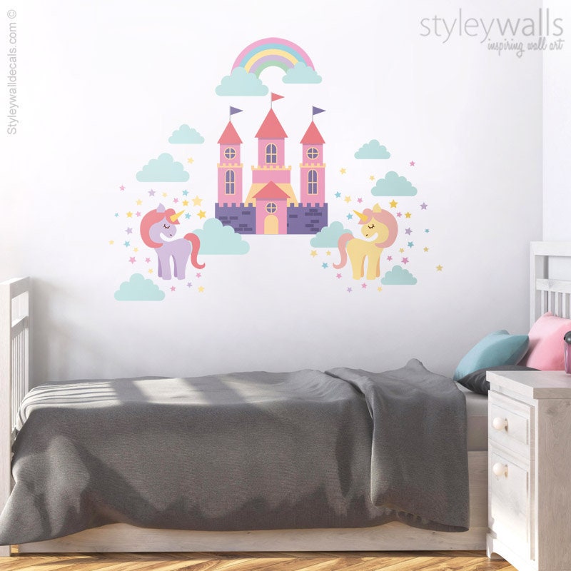 Unicorn Wall Decal, Pony Wall Decal, Fairy Tales Wall Decal, Castle Wall Decal, Rainbow Stars and Clouds Girls Nursery Room Decor Wall Art