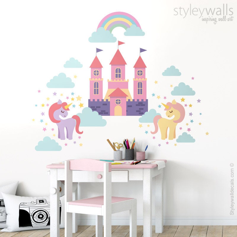 Unicorn Wall Decal, Pony Wall Decal, Fairy Tales Wall Decal, Castle Wall Decal, Rainbow Stars and Clouds Girls Nursery Room Decor Wall Art