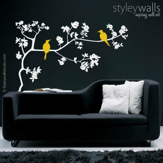 Sticker mural branche et oiseaux, autocollant mural oiseaux sur branche avec feuilles en vinyle, autocollant mural branche pour décoration intérieure, autocollant mural branche