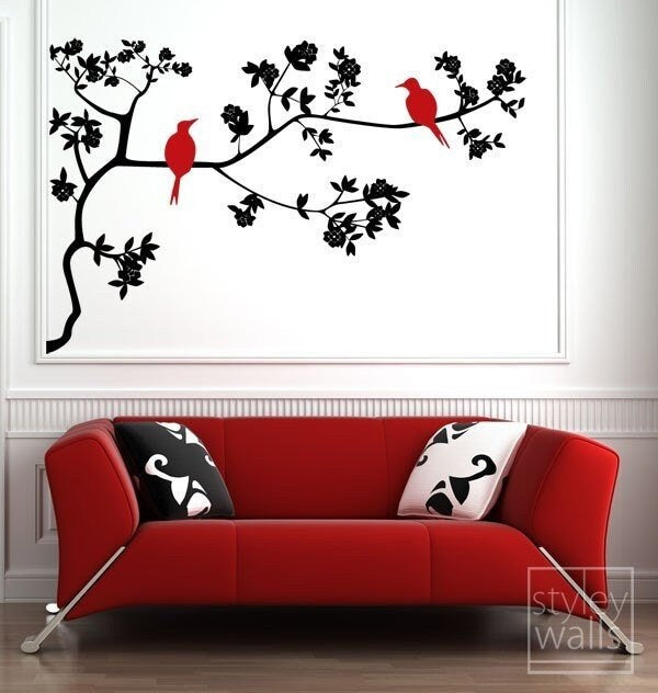 Sticker mural branche et oiseaux, autocollant mural oiseaux sur branche avec feuilles en vinyle, autocollant mural branche pour décoration intérieure, autocollant mural branche