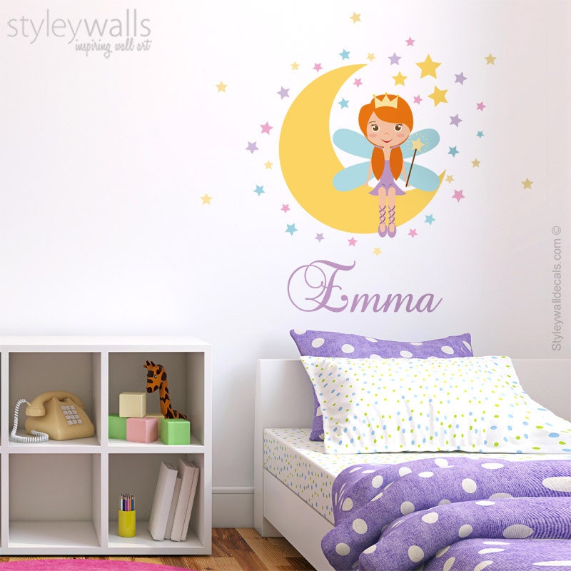 Fairy Wall Decal, Moon Wall Decal Sticker, Princess Fairy Wall Decal Decor, Stars Wall Decal, Personalized Girls Nursery Room Decor Wall Art