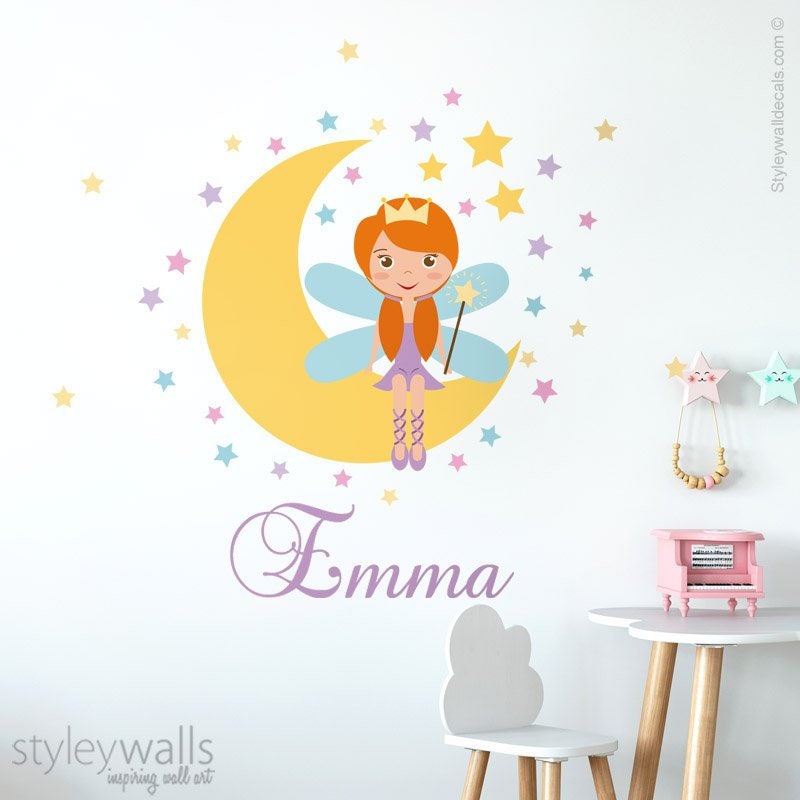 Fairy Wall Decal, Moon Wall Decal Sticker, Princess Fairy Wall Decal Decor, Stars Wall Decal, Personalized Girls Nursery Room Decor Wall Art