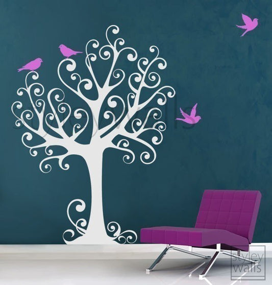 Ornamental Tree with Birds - Large - Vinyl Wall Decal