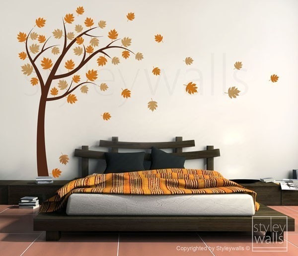 Autocollant mural arbre et feuilles, arbre avec feuilles soufflant dans le vent, autocollant mural en vinyle, arbre avec feuilles, autocollant mural pour décoration murale de la maison