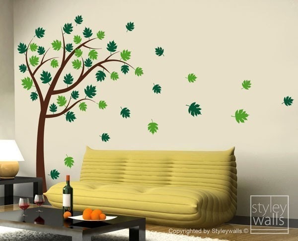 Autocollant mural arbre et feuilles, arbre avec feuilles soufflant dans le vent, autocollant mural en vinyle, arbre avec feuilles, autocollant mural pour décoration murale de la maison