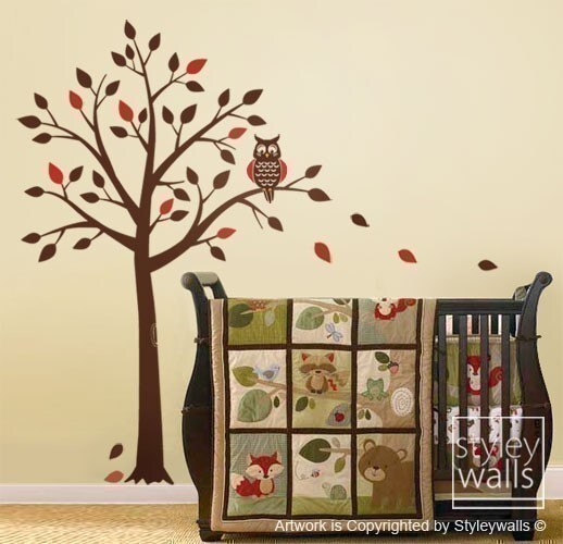 Children Wall Decal Owl Tree, Tree and Cute Owl Wall Decal Birds Wall Decal for Nursery Baby Room Decal Sticker Art Decor
