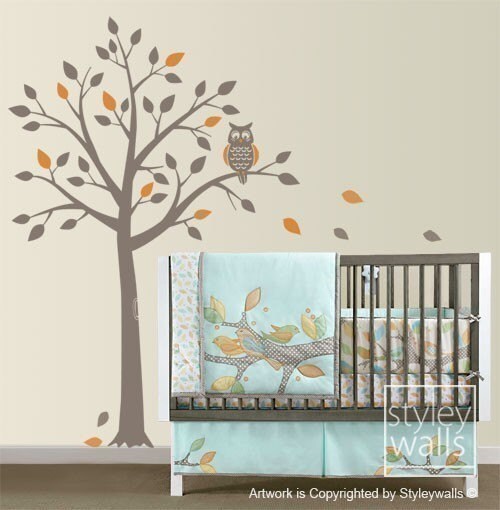 Children Wall Decal Owl Tree, Tree and Cute Owl Wall Decal Birds Wall Decal for Nursery Baby Room Decal Sticker Art Decor
