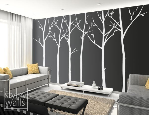 Thin Birch Trees Wall Decal, Forest Trees and Birds Wall Decal, Winter Trees with Birds Home Decor, Nursery Baby Room Wall Decal