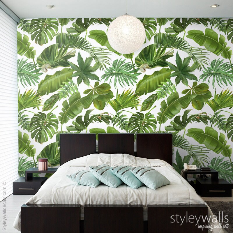Palm Leaves Mural, Leaves Wallpaper, Tropical Leaves Wallpaper, Leaf Pattern Wallpaper, Green Tropical Repositionable Fabric Wallpaper
