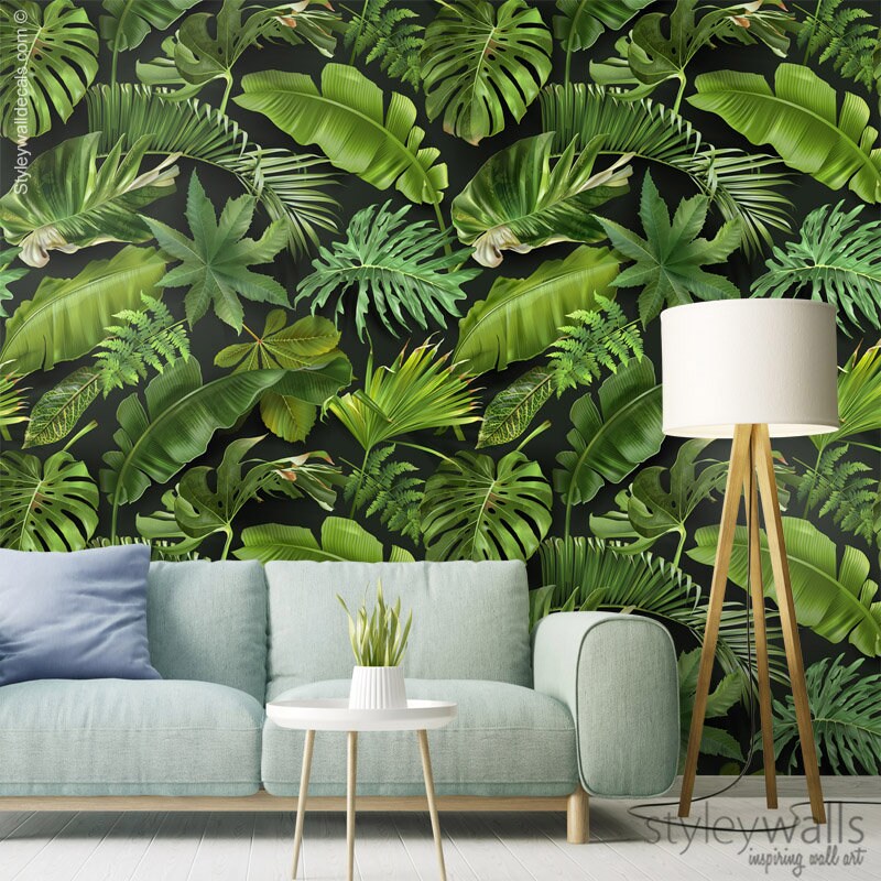 Tropical Leaves Wallpaper, Palm Leaves Wallpaper, Green Leaves Mural, Leaf Pattern Wallpaper, Tropical Repositionable Fabric Wallpaper