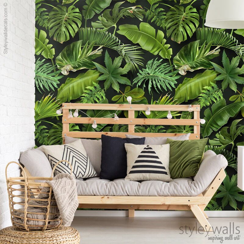 Tropical Leaves Wallpaper, Palm Leaves Wallpaper, Green Leaves Mural, Leaf Pattern Wallpaper, Tropical Repositionable Fabric Wallpaper