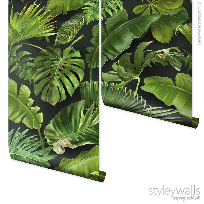 Tropical Leaves Wallpaper, Palm Leaves Wallpaper, Green Leaves Mural, Leaf Pattern Wallpaper, Tropical Repositionable Fabric Wallpaper