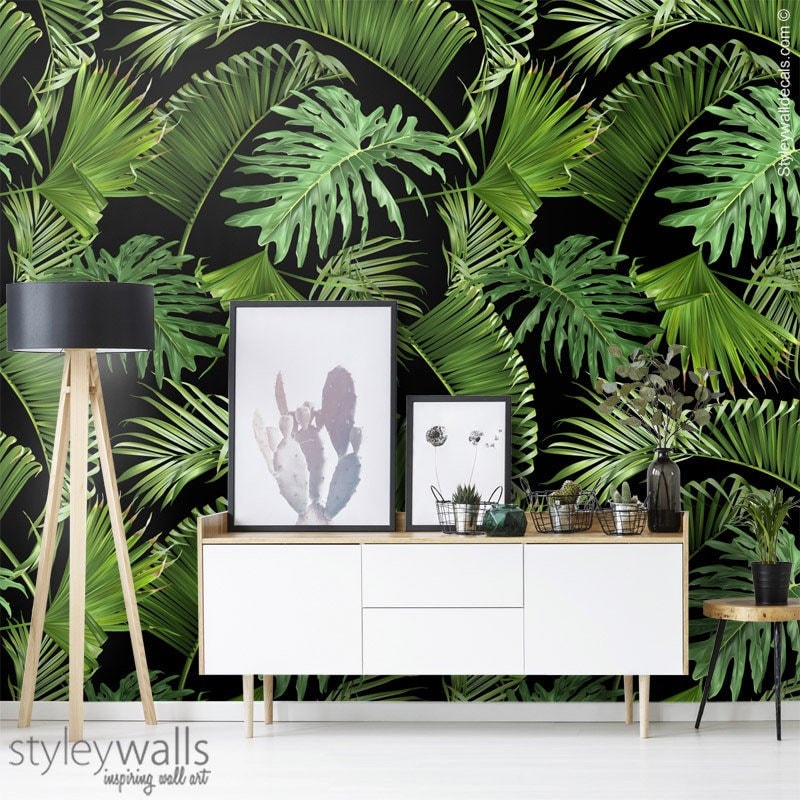 Tropical Leaves Wallpaper, Botanical Tropic Leaves Wallpaper, Green Leaves Mural, Leaf Pattern Wallpaper, Repositionable Fabric Wallpaper