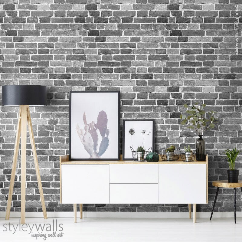 Bricks Wallpaper, Black White Gray Brick Pattern Wallpaper, Vintage Bricks Self Adhesive, Repositionable Peel and Stick, Removable Fabric