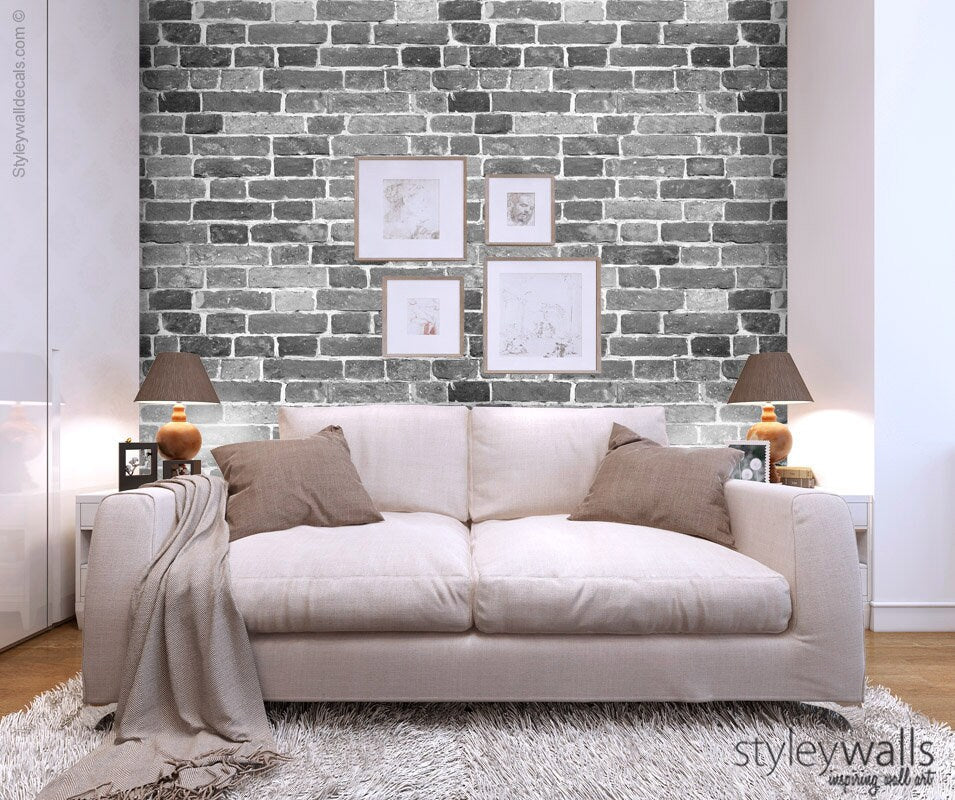 Bricks Wallpaper, Black White Gray Brick Pattern Wallpaper, Vintage Bricks Self Adhesive, Repositionable Peel and Stick, Removable Fabric