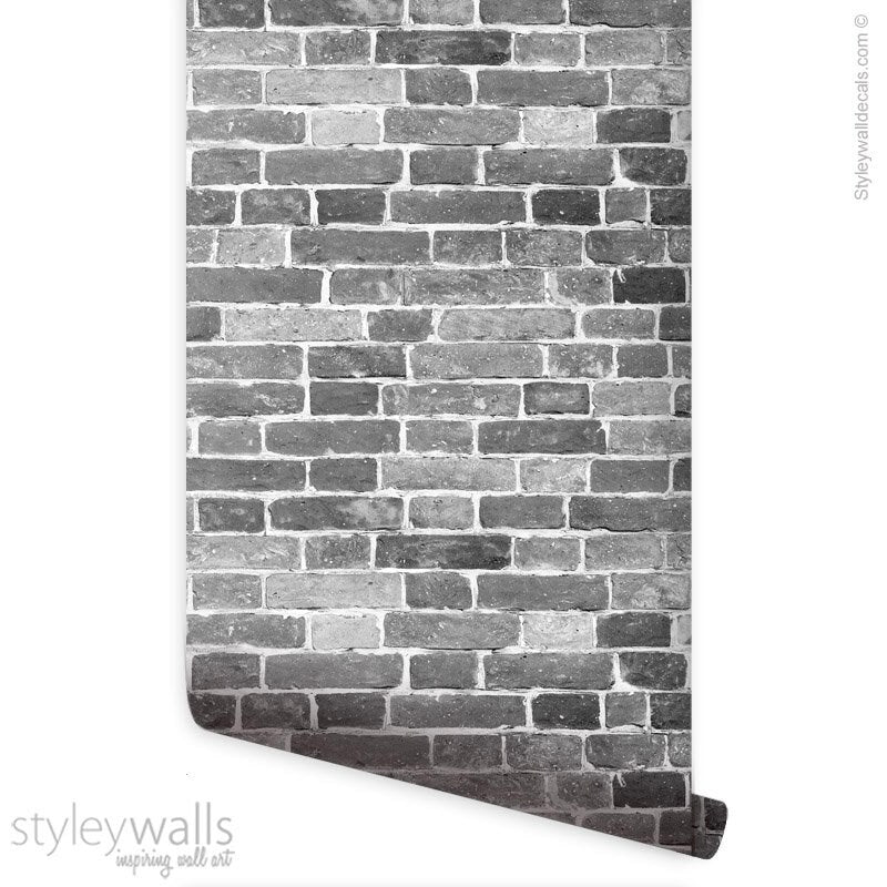 Bricks Wallpaper, Black White Gray Brick Pattern Wallpaper, Vintage Bricks Self Adhesive, Repositionable Peel and Stick, Removable Fabric