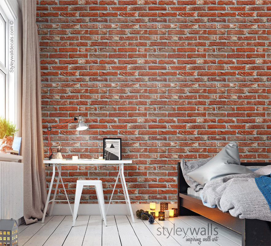 Bricks Wallpaper, Red Brick Pattern Wallpaper, Vintage Bricks Wallpaper. Self Adhesive and Repositionable Removable Fabric, Peel and Stick