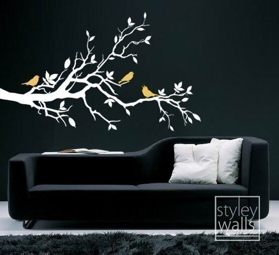 Tree Branch Wall Decal-Love Birds on Branch with Leaves - Vinyl Wall Decal Art Home Decor Nursery Kids Children Baby Room Wall Decal