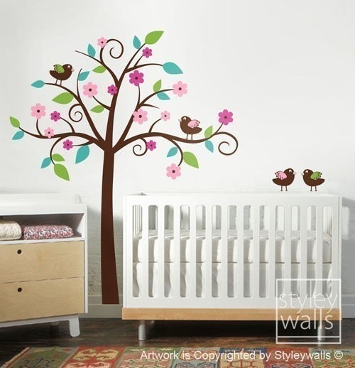 Birds Tree Wall Decal Whimsical Flower Tree with Love Birds Wall Decal Nursery Wall Decal Children Wall Decal Baby Room Tree Sticker
