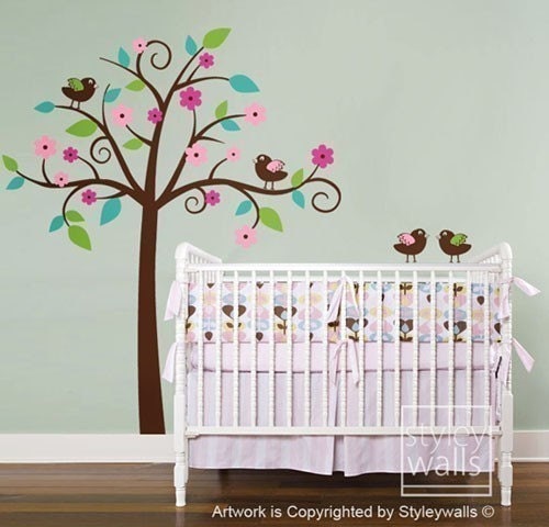 Birds Tree Wall Decal Whimsical Flower Tree with Love Birds Wall Decal Nursery Wall Decal Children Wall Decal Baby Room Tree Sticker