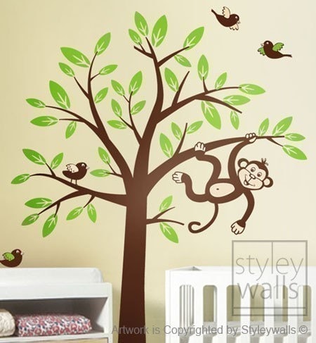 Sticker mural arbre singe - 2 singes se balançant sur une branche et un arbre avec des oiseaux - Sticker mural en vinyle pour chambre d'enfant et bébé