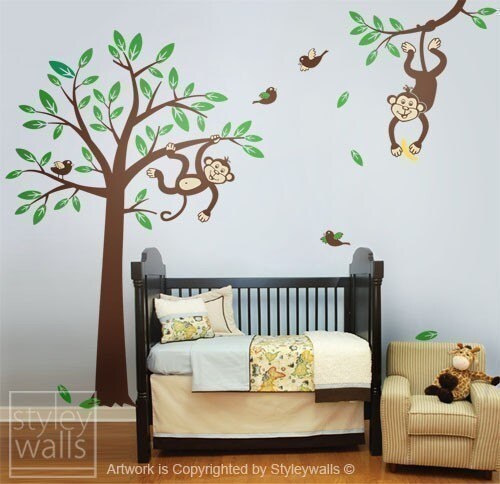Sticker mural arbre singe - 2 singes se balançant sur une branche et un arbre avec des oiseaux - Sticker mural en vinyle pour chambre d'enfant et bébé