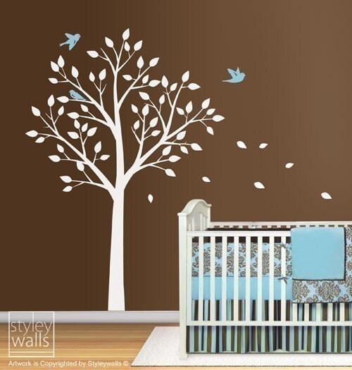 Tree and Birds Wall Decal, Tree Wall Sticker, Tree and Cute Birds Nursery Kids Vinyl Wall Decal, Nursery Tree Decal for Baby Room