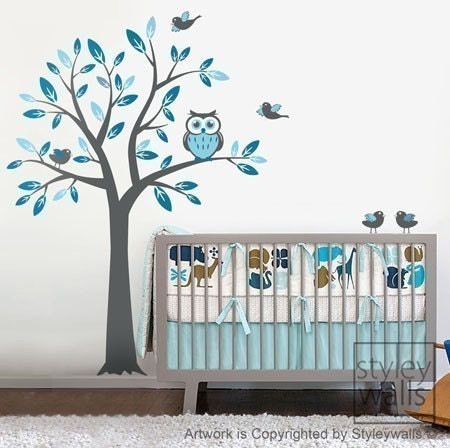 Owl Tree Wall Decal, Tree with Owls and Birds Wall decal, Owl Tree for Nursery Wall Decor, Owls Tree Kids Room Wall Decal, Owls Tree Sticker