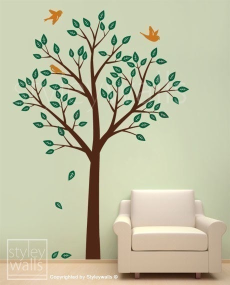 Tree and Birds Wall Decal, Tree Wall Decal, Kids Nursery Room Decor Wall Art, Tree Wall Sticker, Nursery Tree Decal, Forest Tree Wall Decor