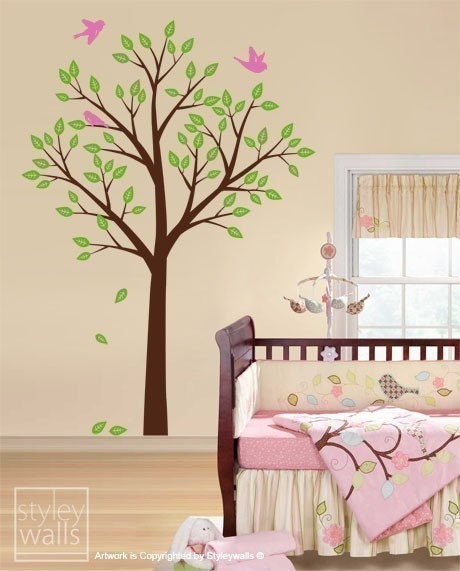 Tree and Birds Wall Decal, Tree Wall Decal, Kids Nursery Room Decor Wall Art, Tree Wall Sticker, Nursery Tree Decal, Forest Tree Wall Decor