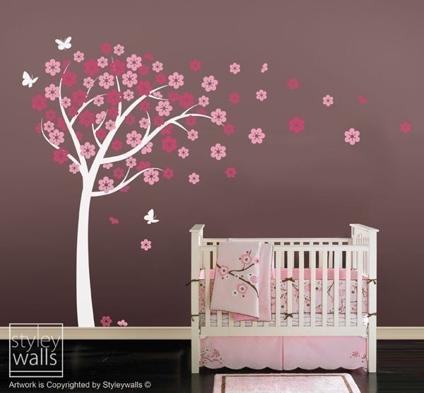 Cherry Blossom Tree-Tree Wall Decal Sticker -Nursery Vinyl Wall Decal- Flowers Cherry Tree with Butterflies - Wall Decor Blossom Wall Decal