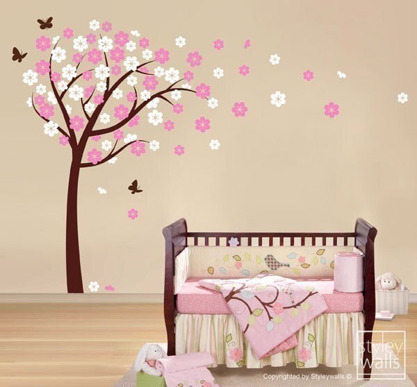 Cherry Blossom Tree-Tree Wall Decal Sticker -Nursery Vinyl Wall Decal- Flowers Cherry Tree with Butterflies - Wall Decor Blossom Wall Decal