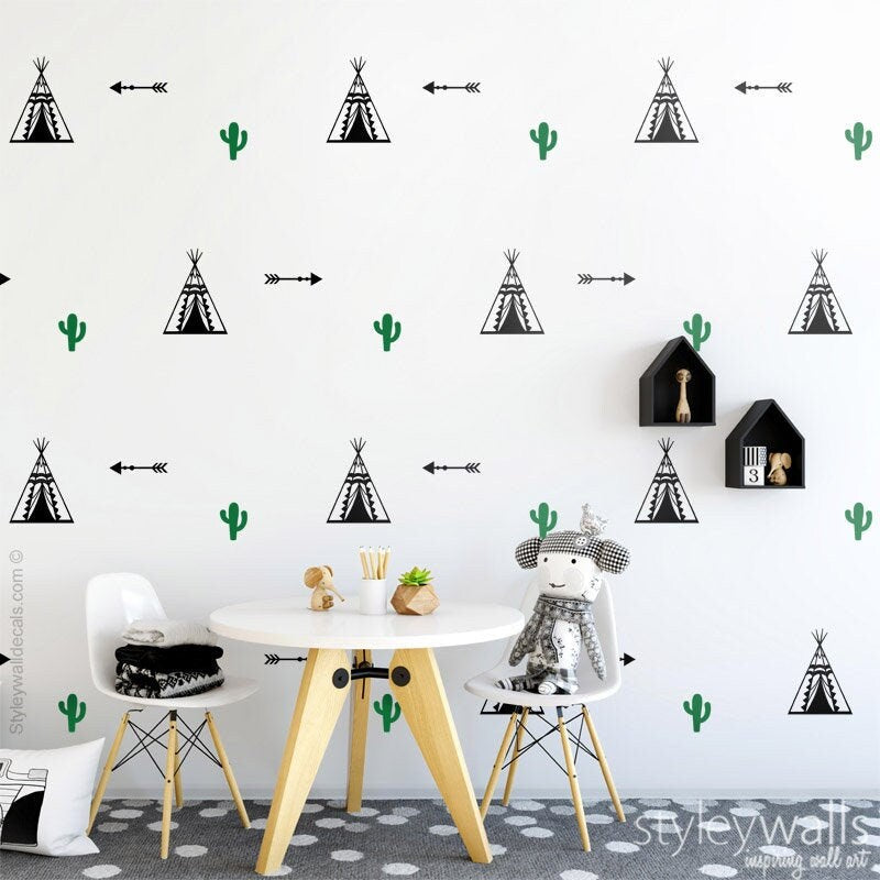 Teepee Wall Decal, Teepee Wall Decor, Tribal Wall Decal, Cactus Wall Stickers, Arrows Wall Decal, Indian Teepee Modern Nursery Room Decor