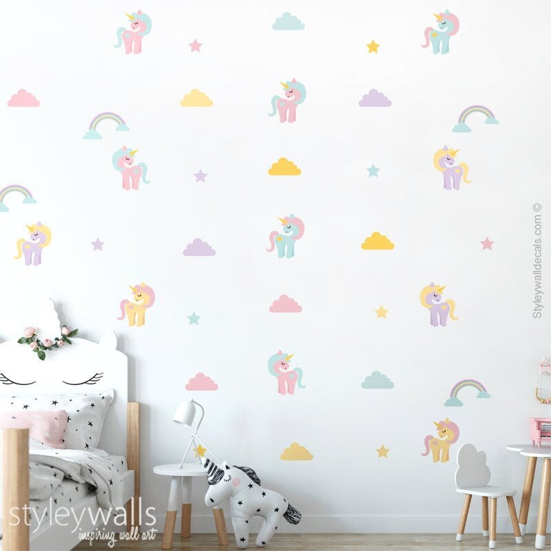 Unicorn Wall Decal, Unicorns Pony Wall Sticker, Unicorns Wall Decor, Clouds Wall Decal, Rainbow Stars Wall Decal, Nursery Kids Room Decals