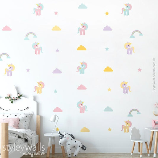 Unicorn Wall Decal, Unicorns Pony Wall Sticker, Unicorns Wall Decor, Clouds Wall Decal, Rainbow Stars Wall Decal, Nursery Kids Room Decals
